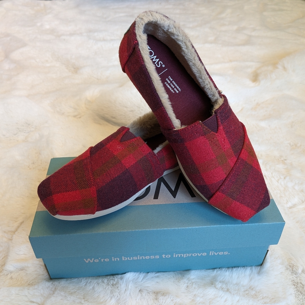 TOMS Alpargata Red Cozy Plaid/Faux Fur